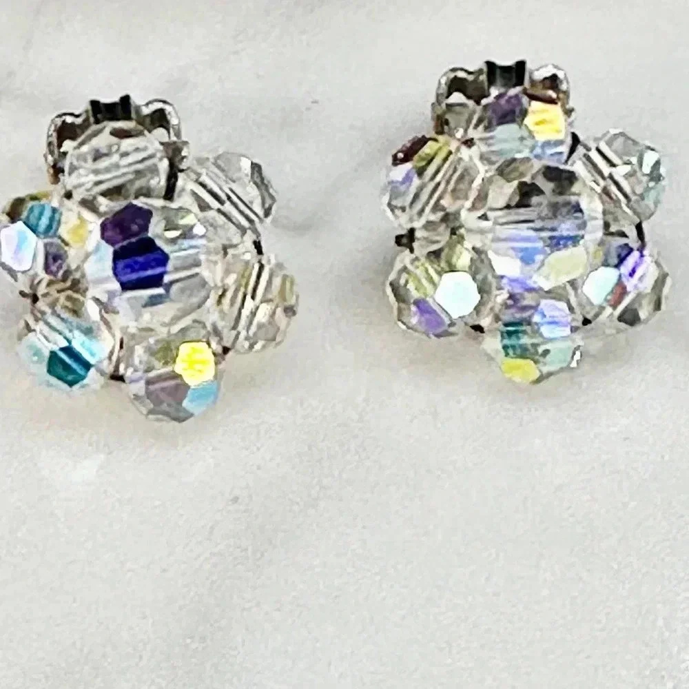 Vintage Crystal Aurora Borealis Necklace  Matching Clip On Earrings Set …